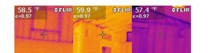 Infrared imagining displaying normal image of exterior walls and ceilings give home inspectors the ability to determine proper framing, exterior wall insulation, roof leaks, moisture damage and termite damage. 